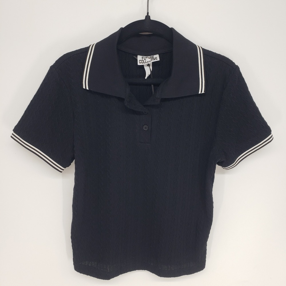 Future Collective Cropped Polo Shirt Women S Black Tipped Collar Textured NEW